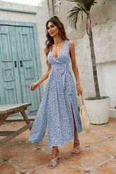 Robe longue à volants en crochet fleuri Trystan - Bleu